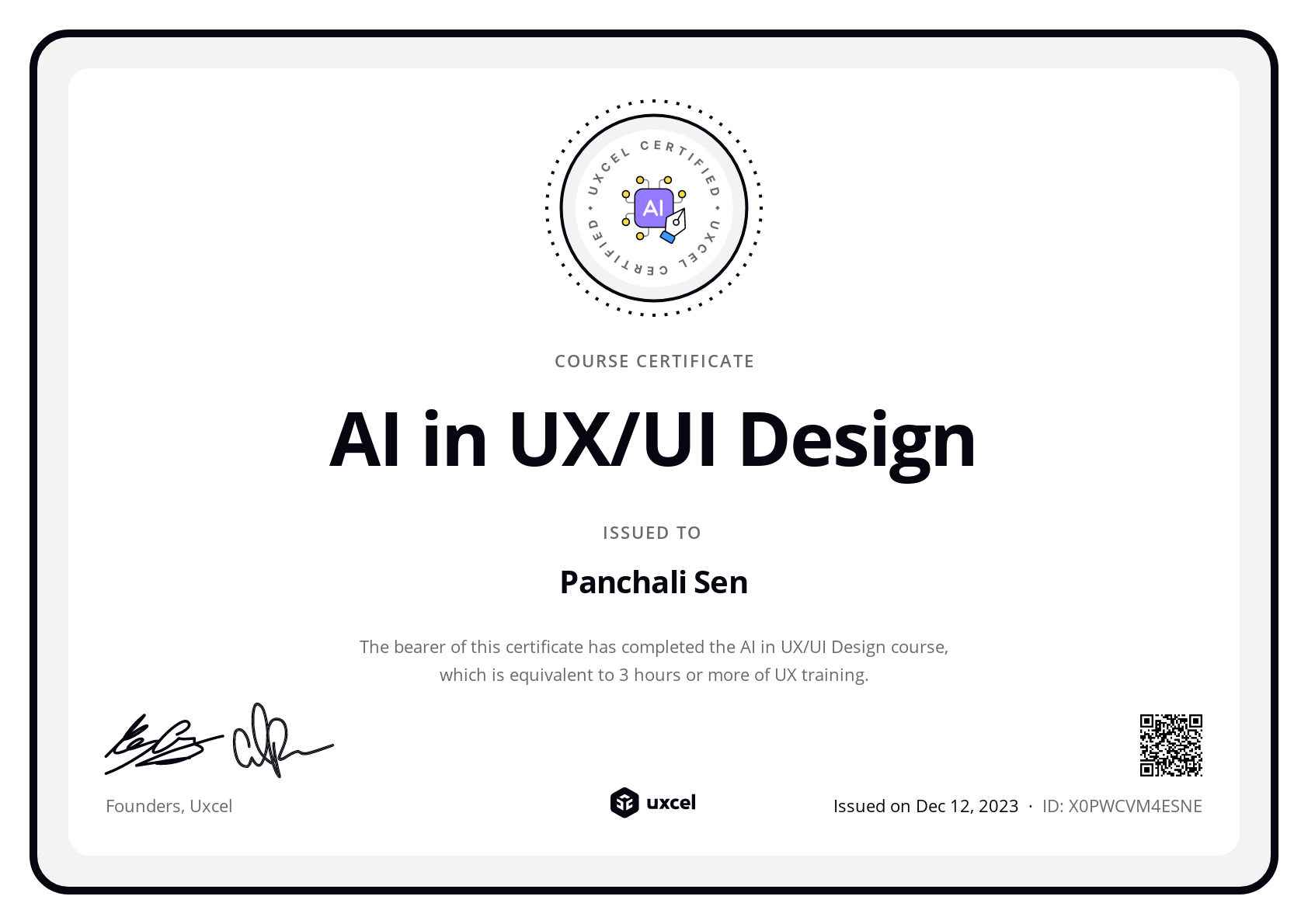 Panchali Sen's certificate